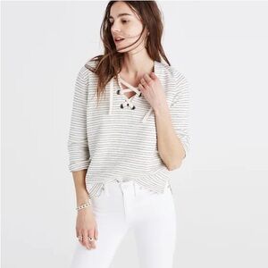 Madewell Striped Lace-Up Blouse - White and Gray